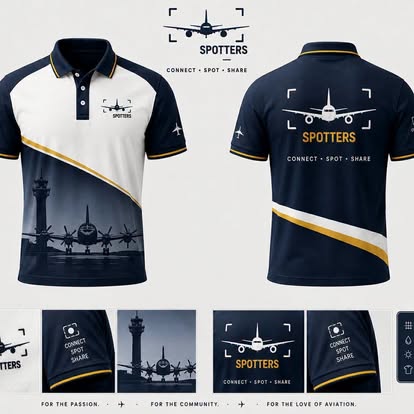 Spotters navy, white, and gold aviation polo design sheet